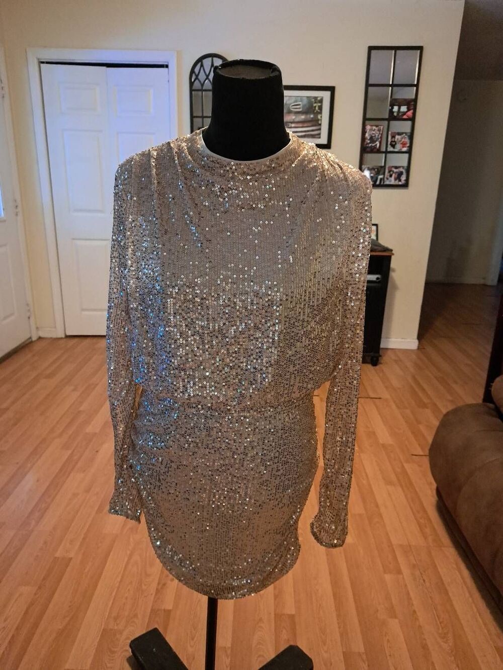 New HYFVE Gold Sequin Sheer Sleeve Bodycon Mini Dress Large Mock Neck NWT